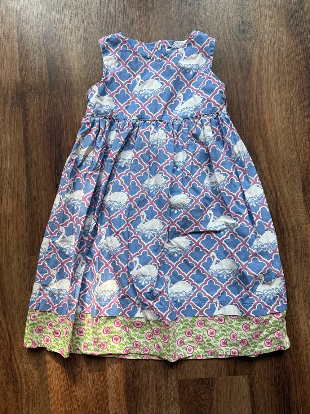 Girls Sleeveless Blue Print Cotton Dress with Pink-Green Hem